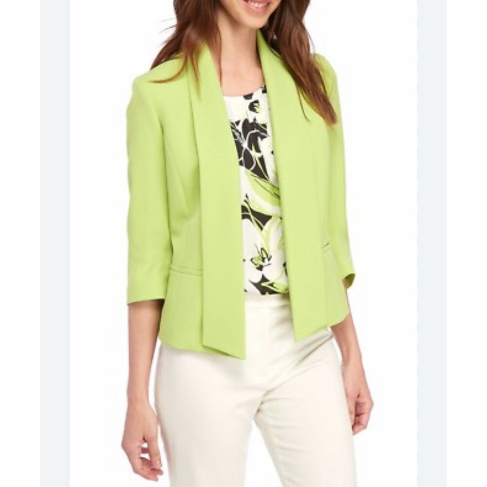 Kasper Women Blazer Shawl Collar Open Front Green Career Jacket 3/4 Sleeves - Picture 4 of 10